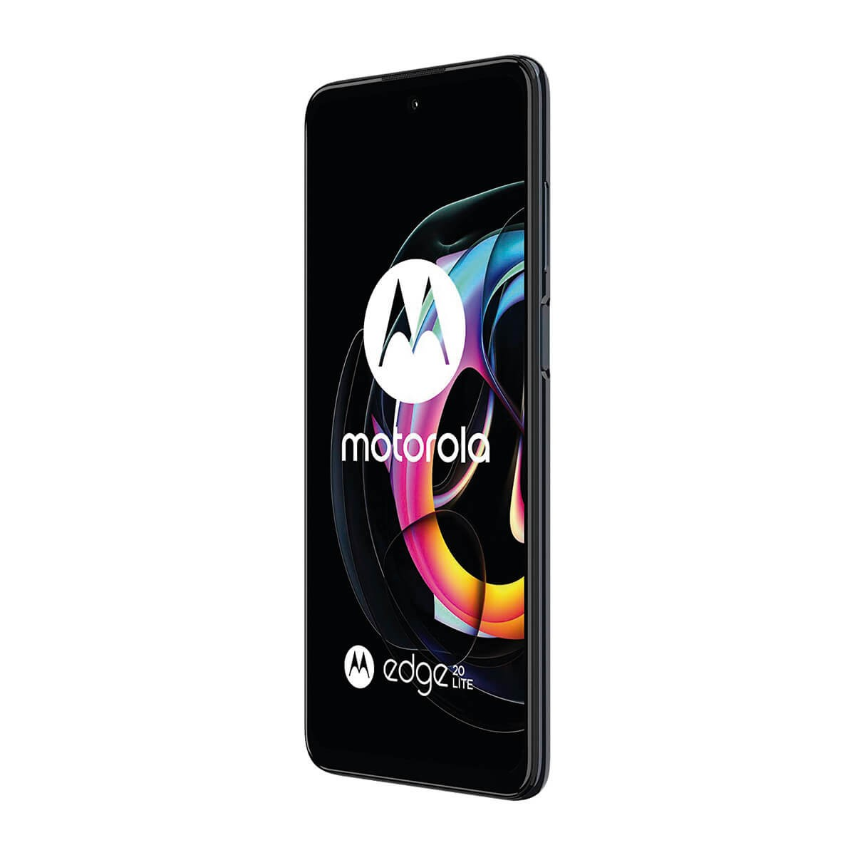 Schwarzes Motorola Edge 20 Lite Smartphone mit bunten Kurven auf dem Bildschirm.