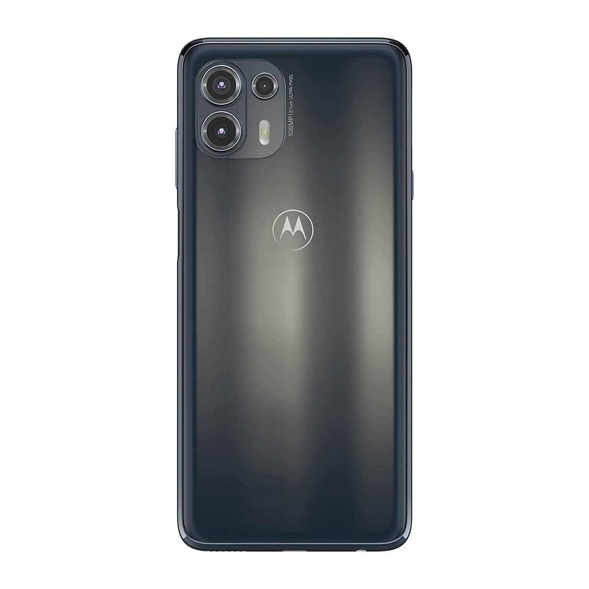 Rückseite eines schwarzen Motorola-Smartphones mit Dreifachkamera und dem Motorola-Logo in der Mitte.