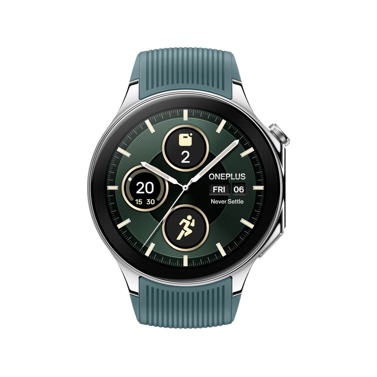 Eine grüne Smartwatch mit silbernem Gehäuse zeigt Fitnessdaten und Datum auf dem Zifferblatt.