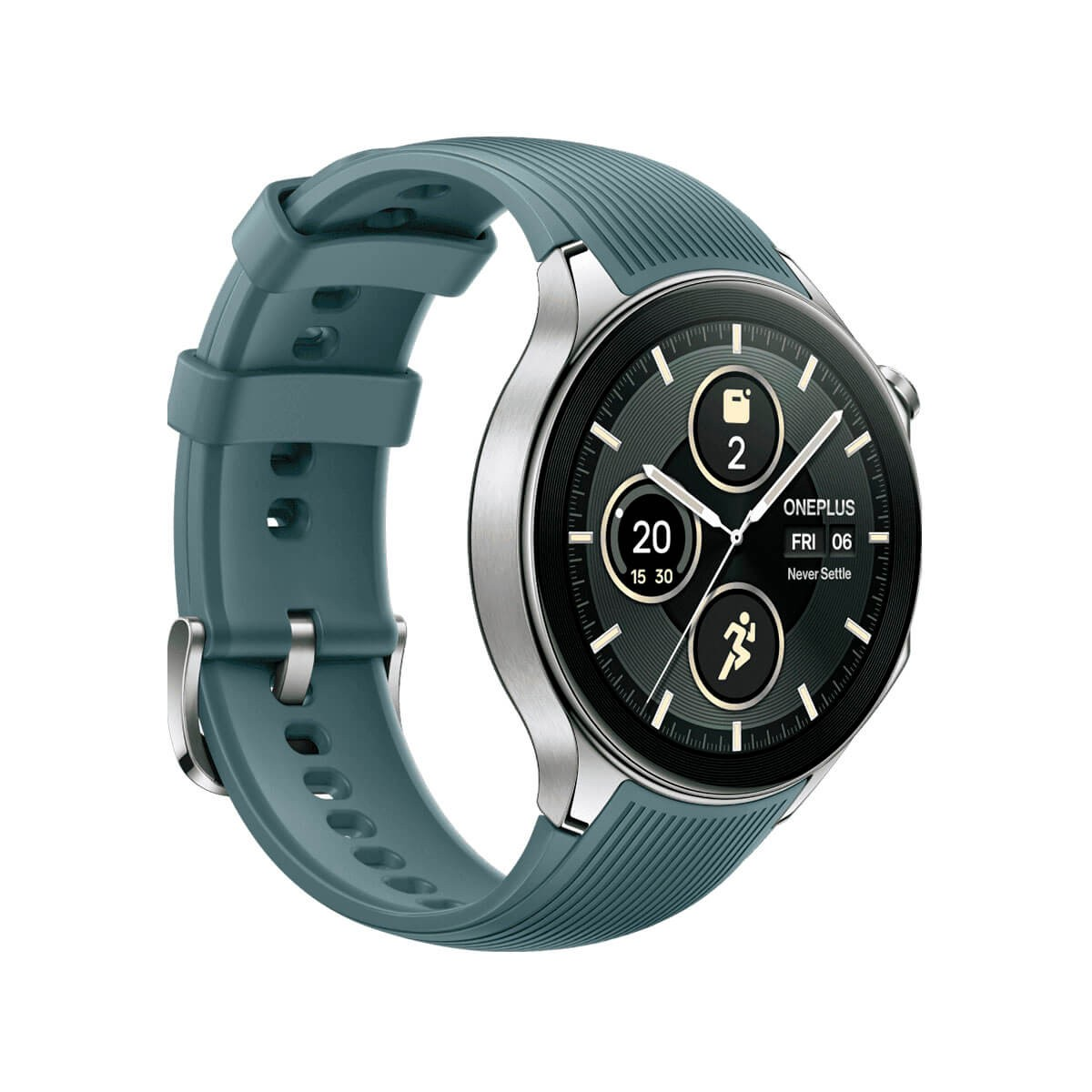 Eine Smartwatch mit silbernem Gehäuse und einem grünen Silikonarmband auf weißem Hintergrund.