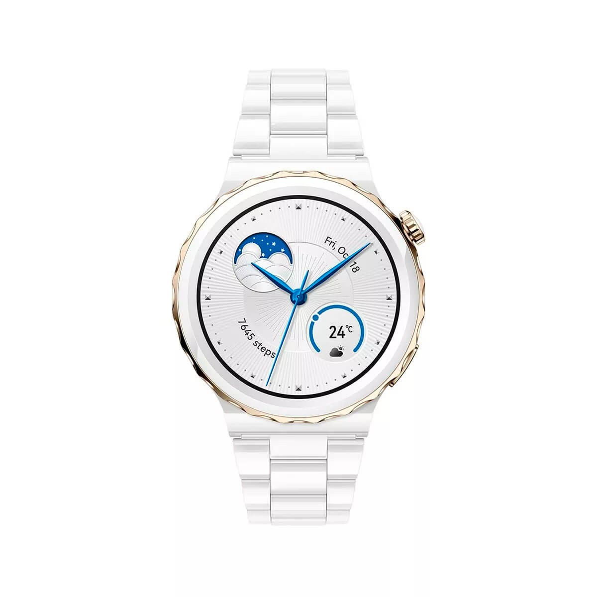 Reloj inteligente blanco con bisel dorado, esfera blanca y pulsera de eslabones blancos.