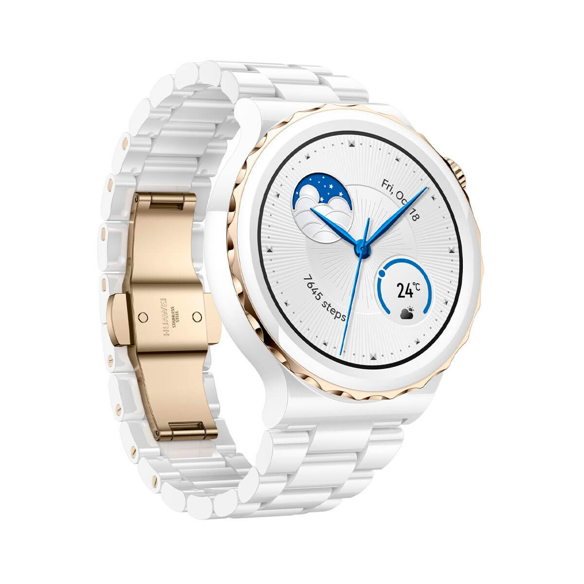 Un reloj inteligente blanco con detalles dorados, correa de cerámica blanca y pantalla digital con pasos y clima.