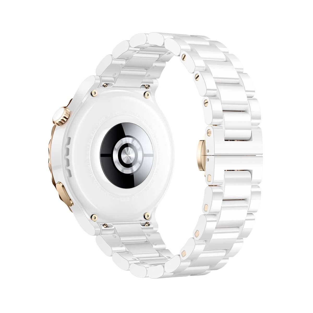 Vista trasera de un reloj inteligente blanco con correa de eslabones y sensores.
