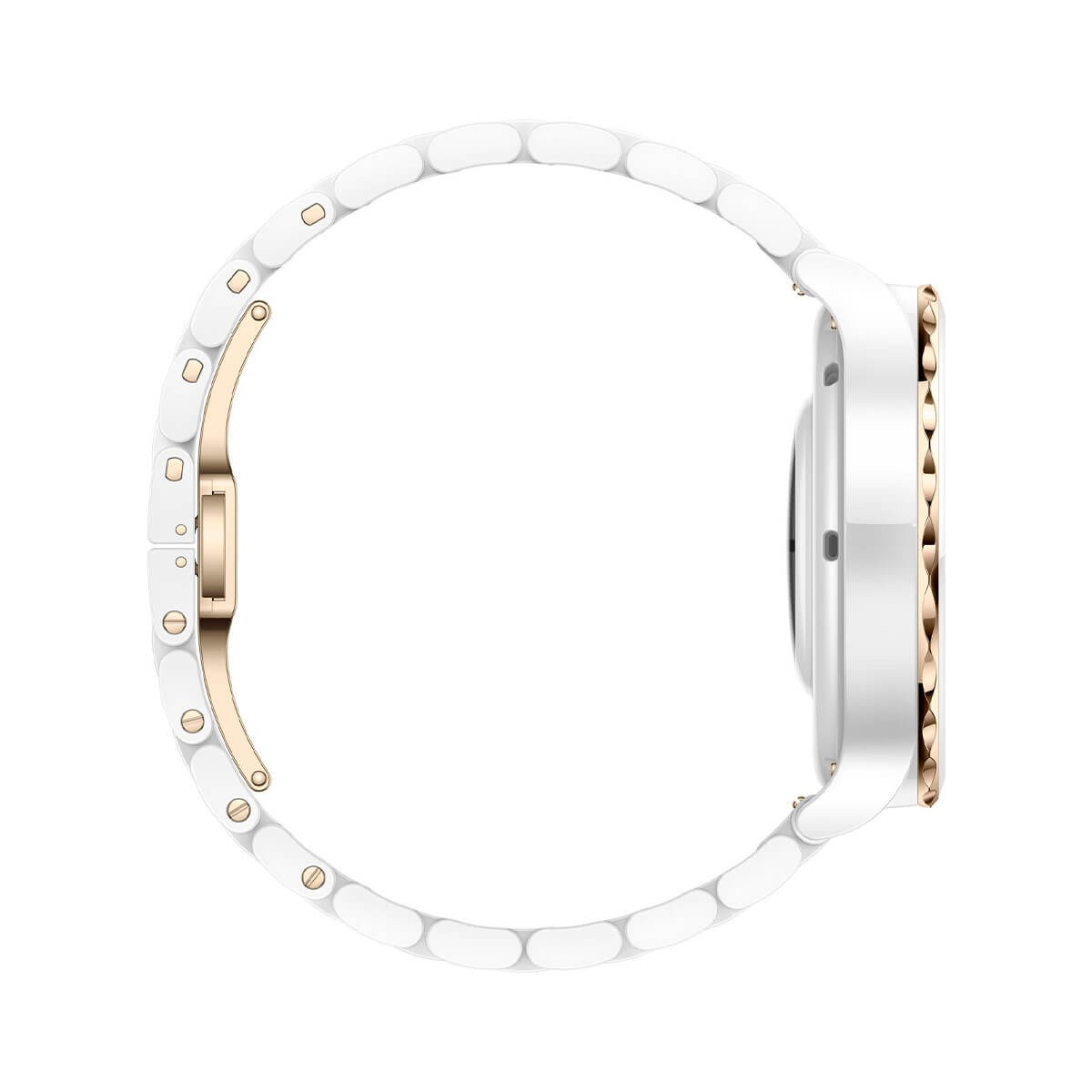 Vista lateral de un reloj inteligente blanco con pulsera de eslabones y detalles en oro rosa sobre fondo blanco.