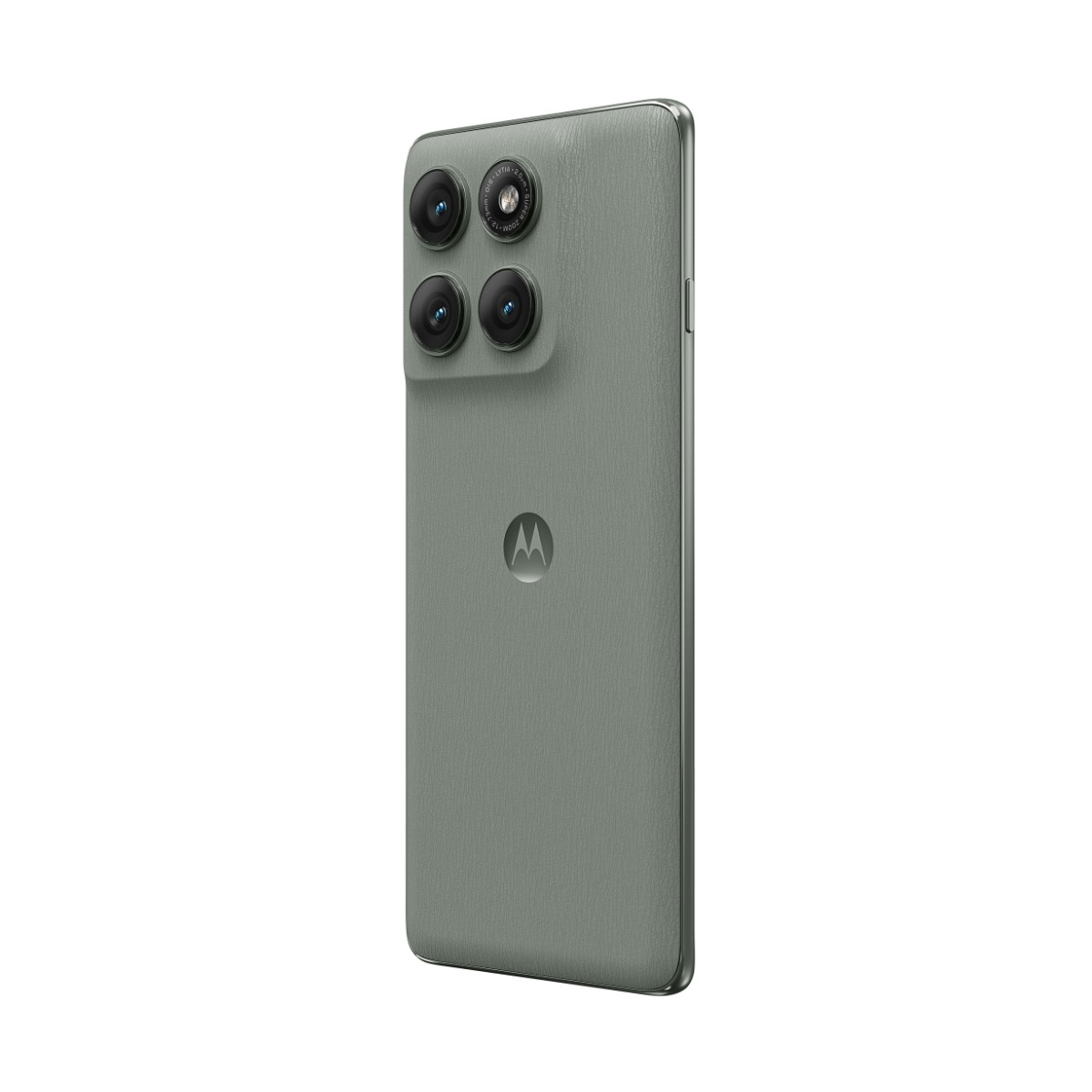 Uno smartphone Motorola grigio con retro testurizzato, quattro obiettivi e il logo.