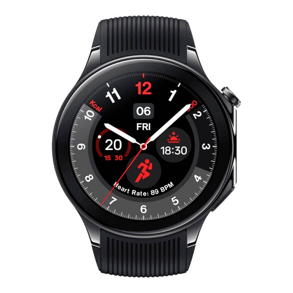 Uno smartwatch nero con display rotondo, dettagli rossi e cinturini neri su sfondo bianco.