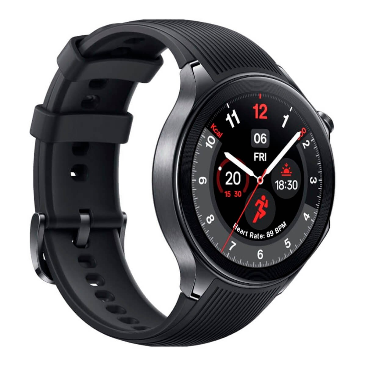 Uno smartwatch nero con quadrante rotondo e cinturino in silicone scanalato mostra ora e dati di fitness.