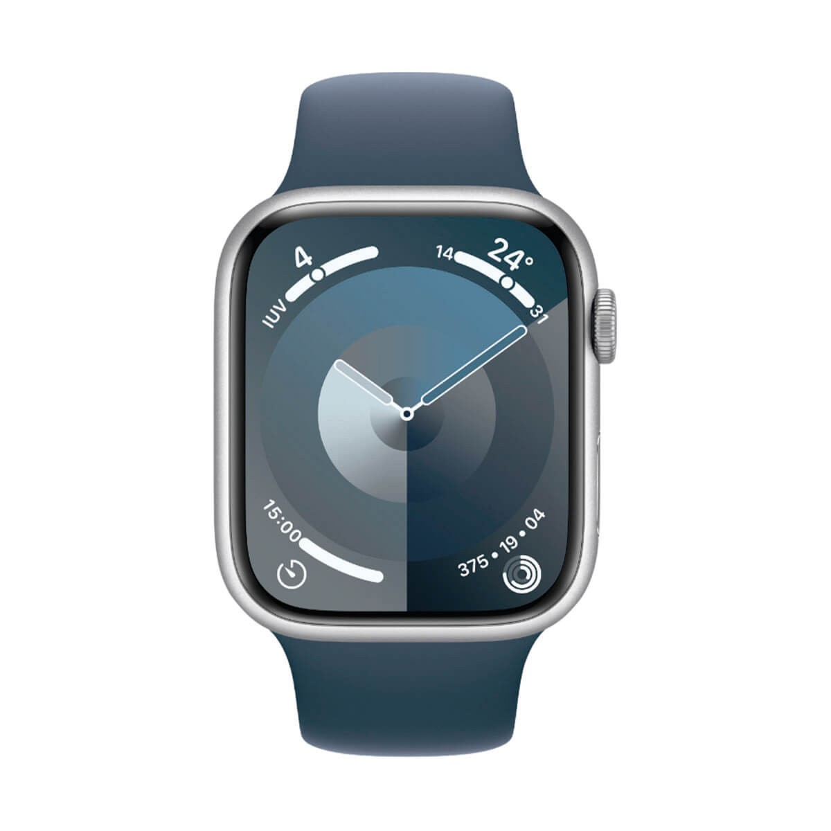 Uno smartwatch argentato con cinturino blu scuro mostra un quadrante circolare con complicazioni.