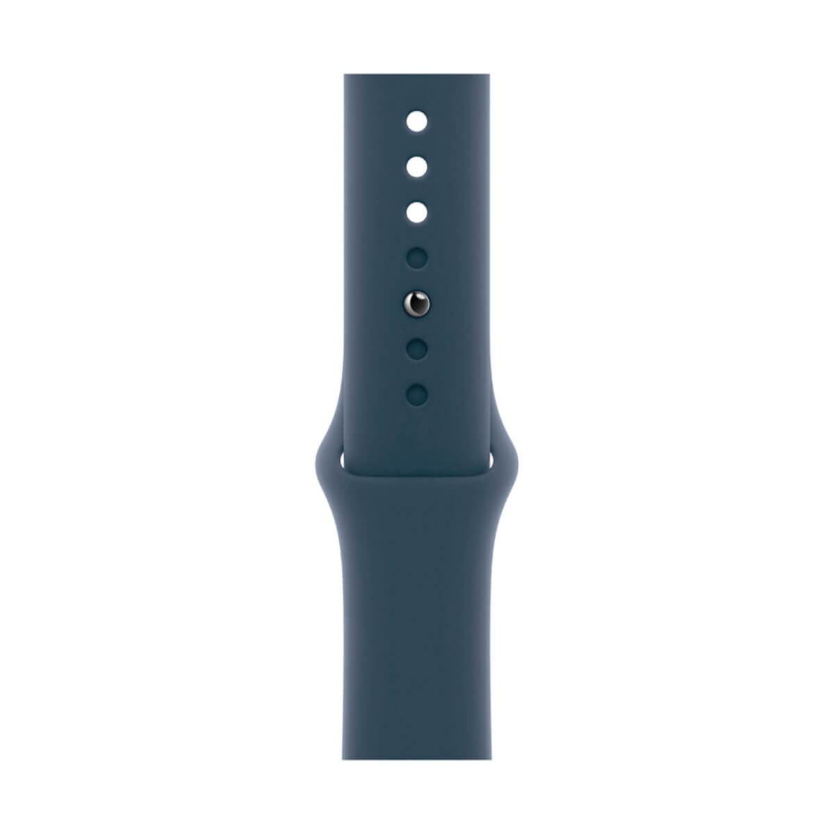 Cinturino per orologio in silicone blu scuro con chiusura a perno e fori.