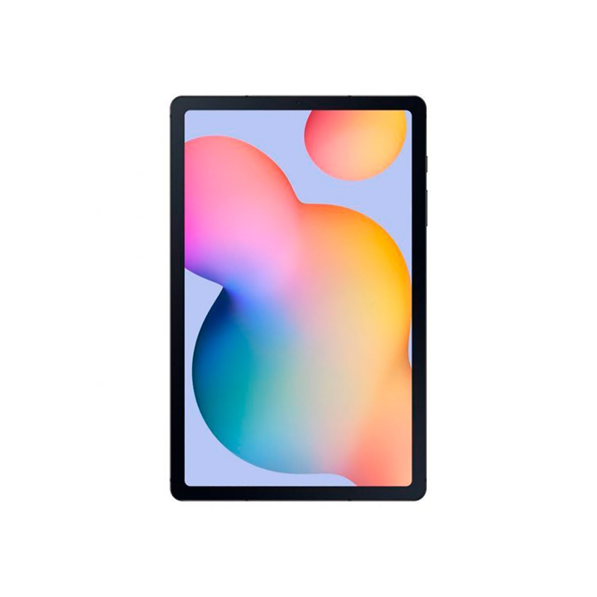 Ein schwarzes Tablet zeigt einen bunten, abstrakten Hintergrund aus pinken, orangen und blauen Formen.