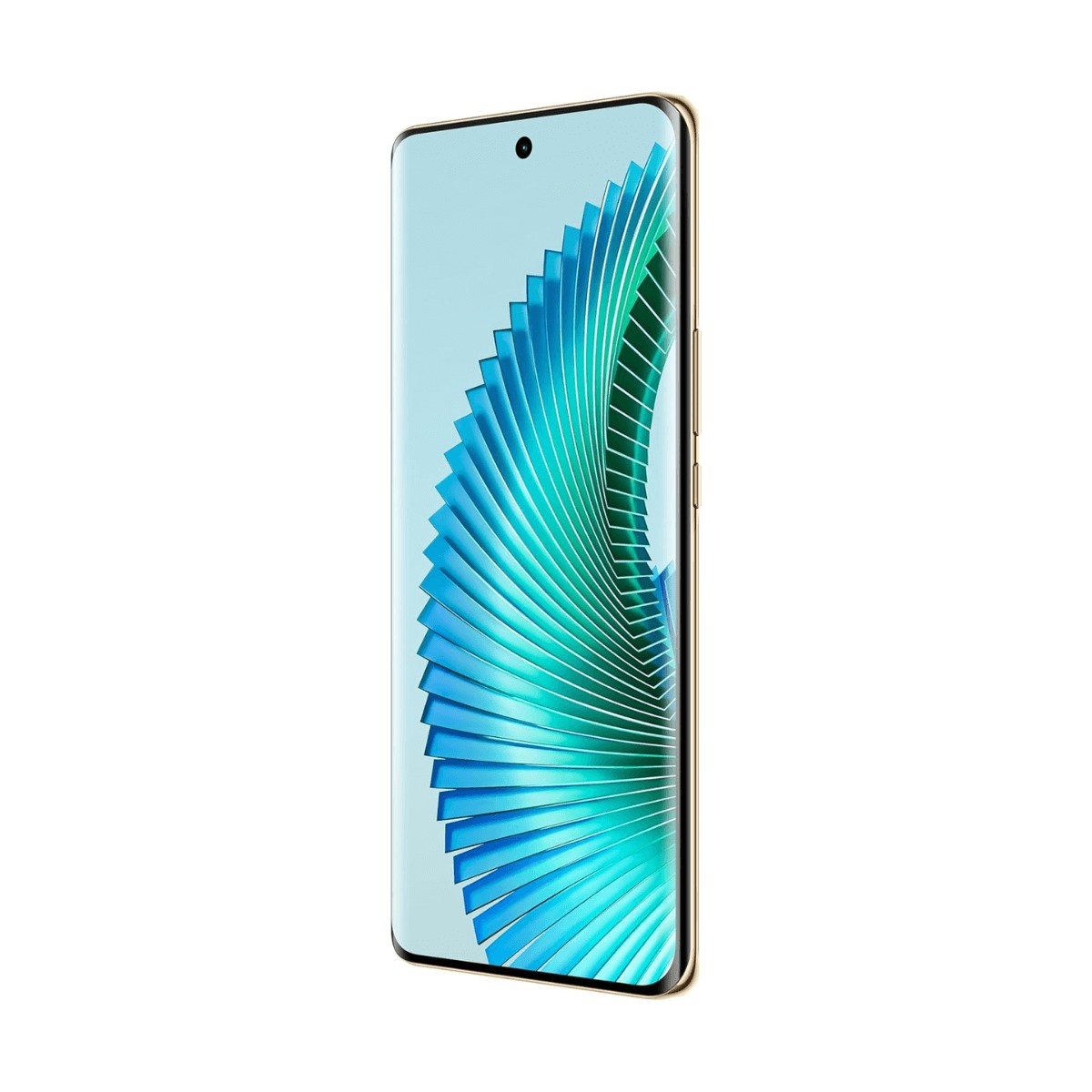 Uno smartphone in verticale con un motivo a onde blu e turchese sullo schermo su sfondo bianco.