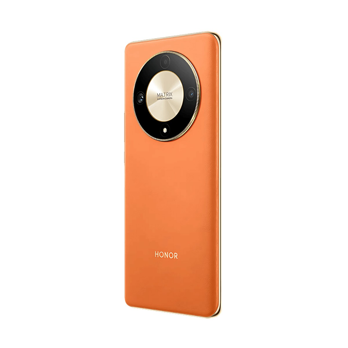 Retro di uno smartphone arancione con una grande fotocamera a matrice rotonda e il logo Honor.