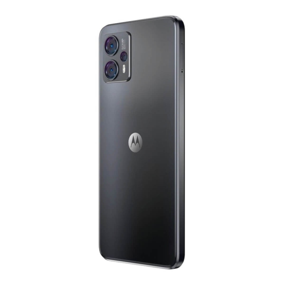 Retro di uno smartphone Motorola scuro con doppia fotocamera e logo argento su sfondo bianco.