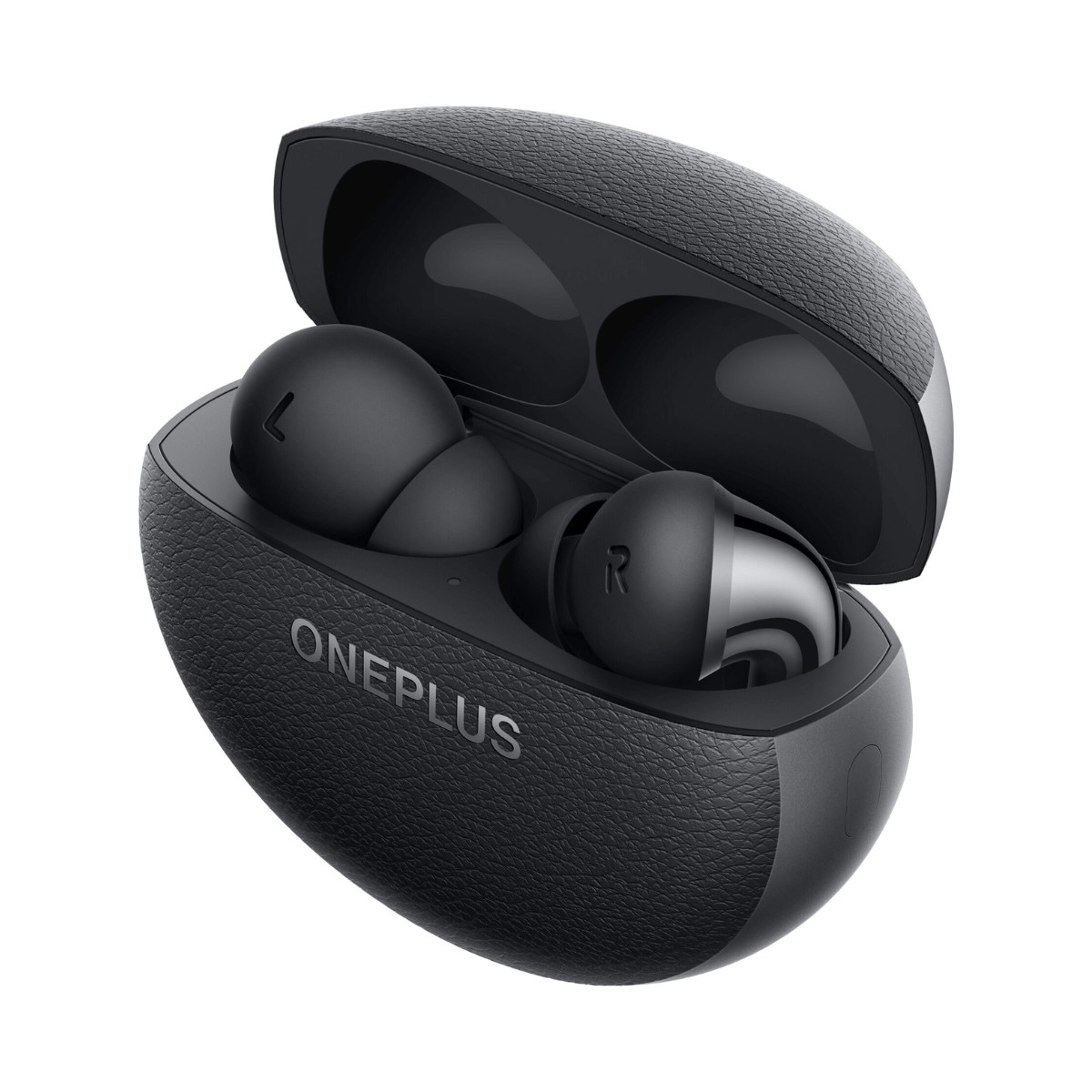 Custodia di ricarica nera aperta per auricolari wireless OnePlus con finitura tesserata e due auricolari all'interno.