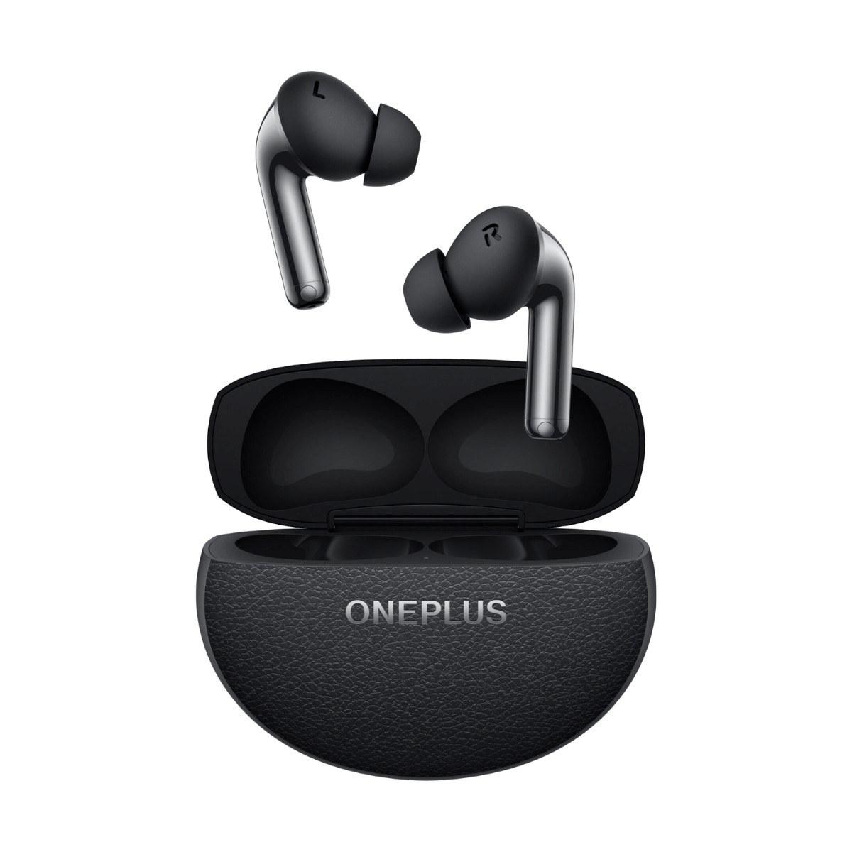 Auricolari wireless OnePlus neri sopra la custodia di ricarica.
