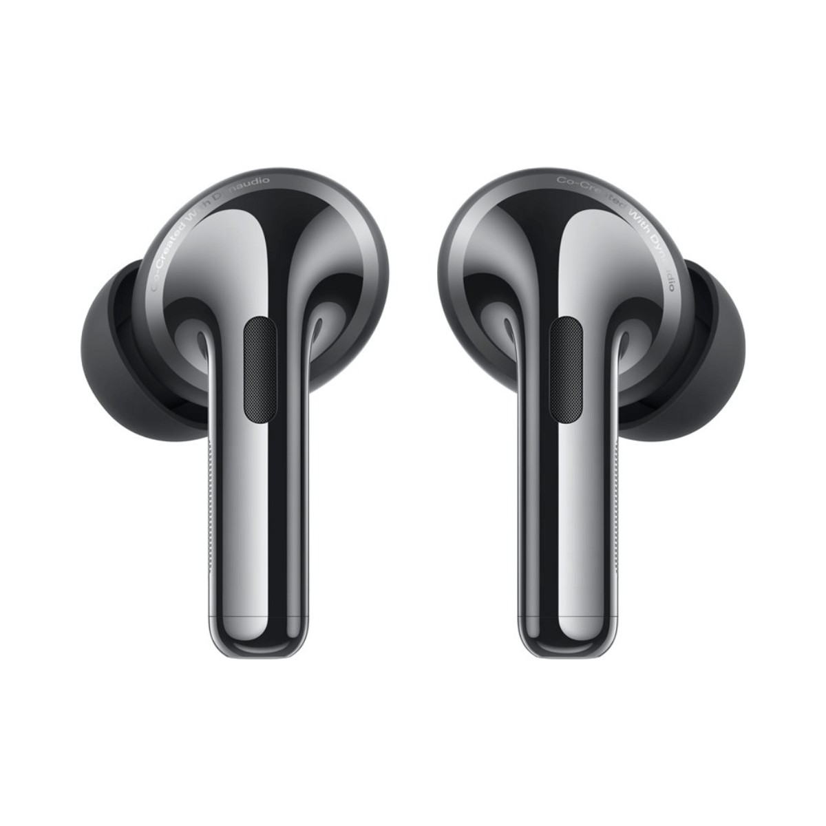 Due auricolari wireless neri lucidi con gommini neri su sfondo bianco.
