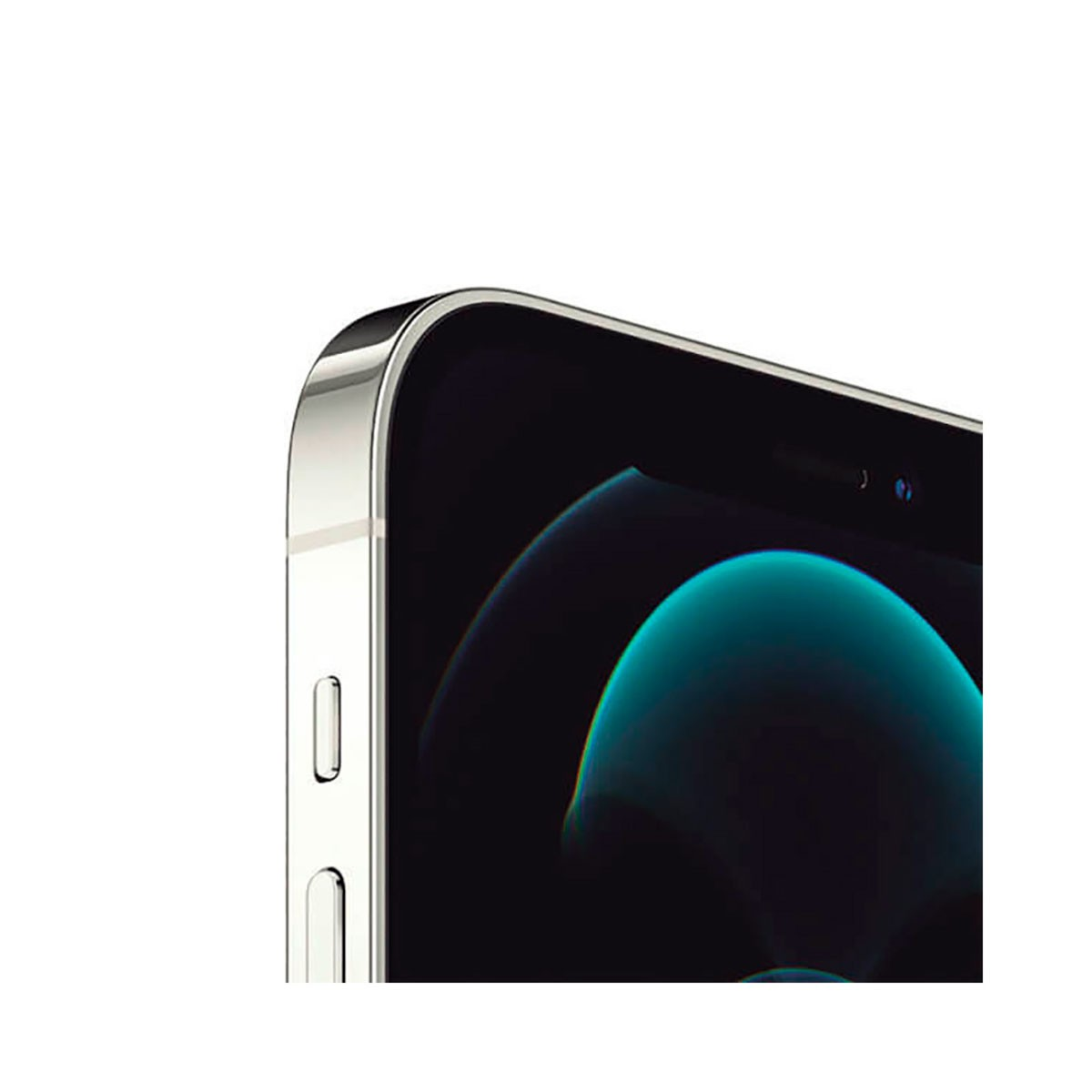 Primo piano dell'angolo superiore sinistro di uno smartphone argento con display nero e dettagli grafici blu.
