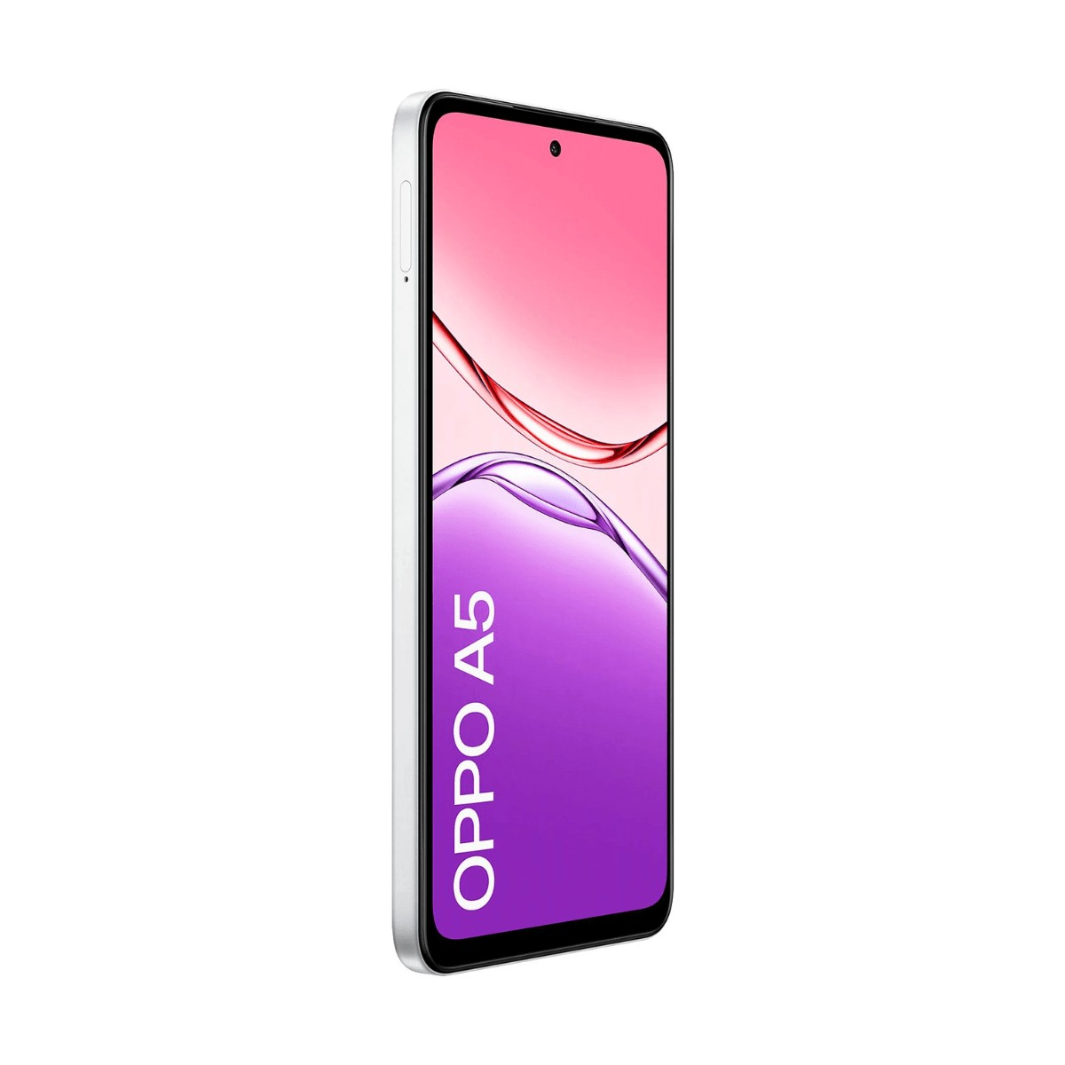 Uno smartphone bianco Oppo A5 si trova in posizione verticale su sfondo bianco con schermo colorato.