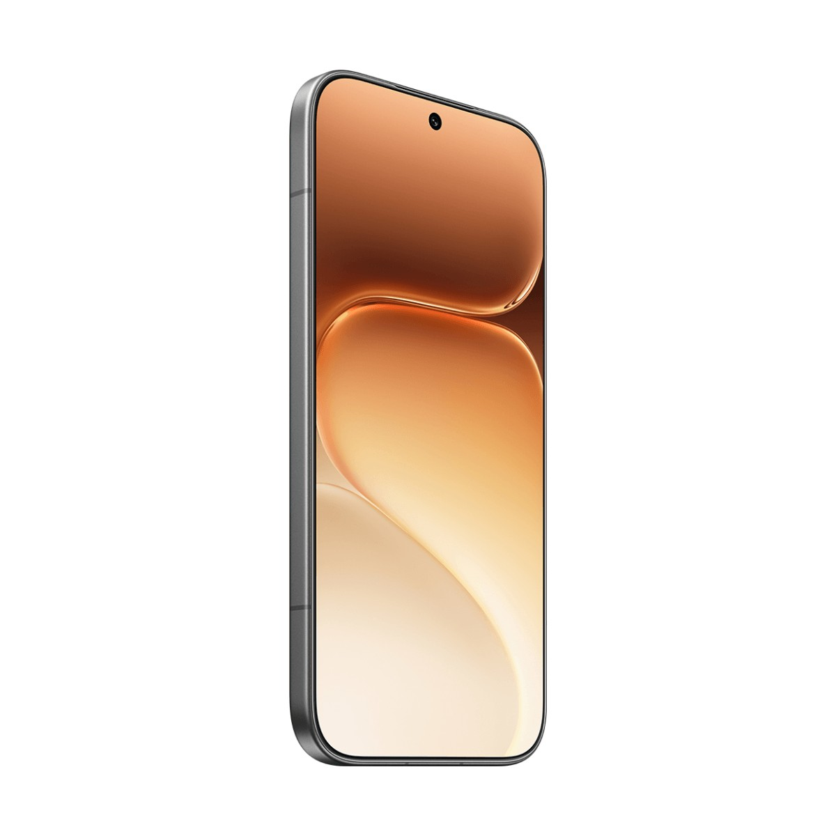 Smartphone elegante con cornice scura e sfondo astratto arancione sullo schermo.