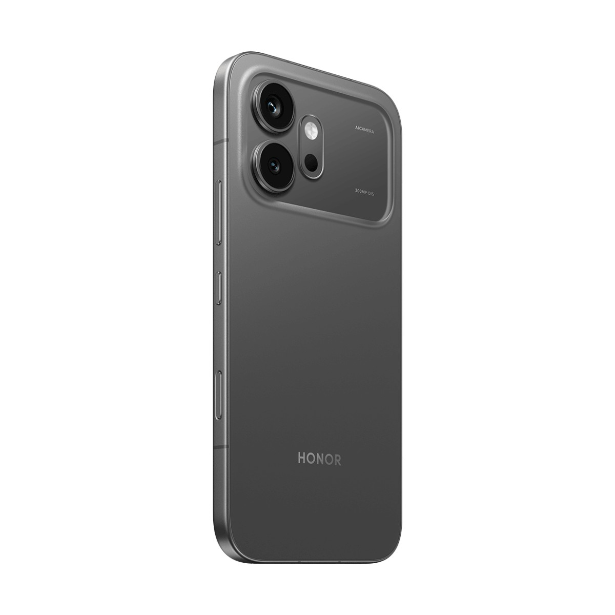 Retro di uno smartphone Honor grigio con doppia fotocamera, flash e logo HONOR su sfondo neutro.