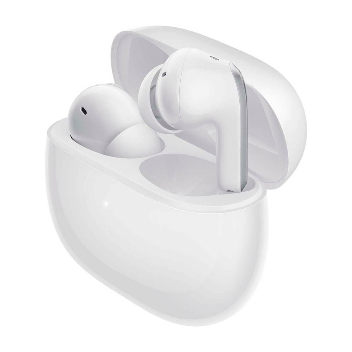 Auricolari wireless bianchi in una custodia di ricarica aperta su sfondo bianco.