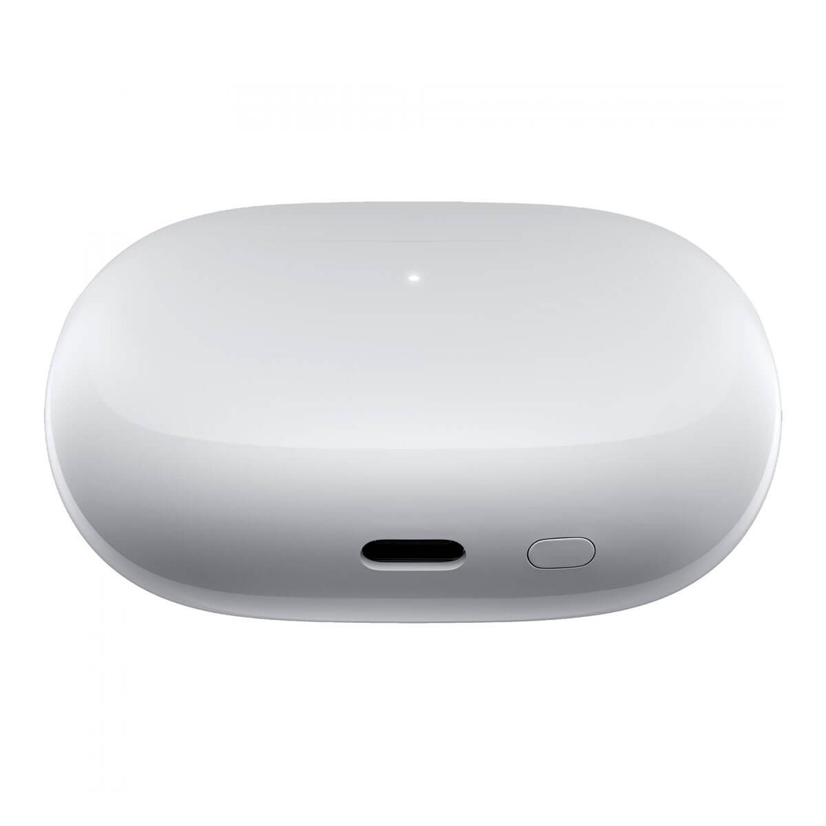 Custodia di ricarica bianca e ovale con porta USB-C e indicatore LED su sfondo bianco.