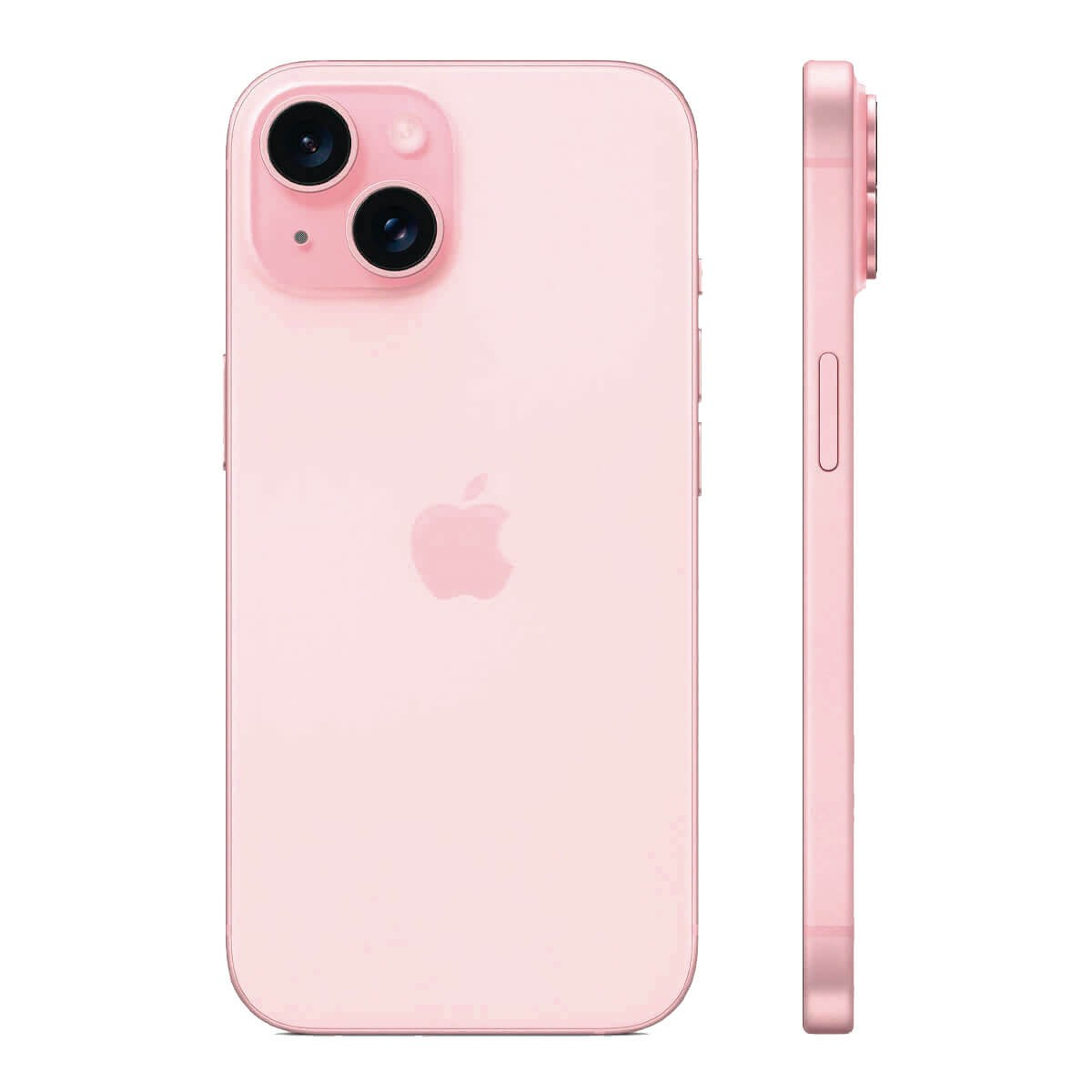 Różowy smartfon pokazujący tył z dwoma aparatami i logo Apple oraz widok z boku z przyciskami.
