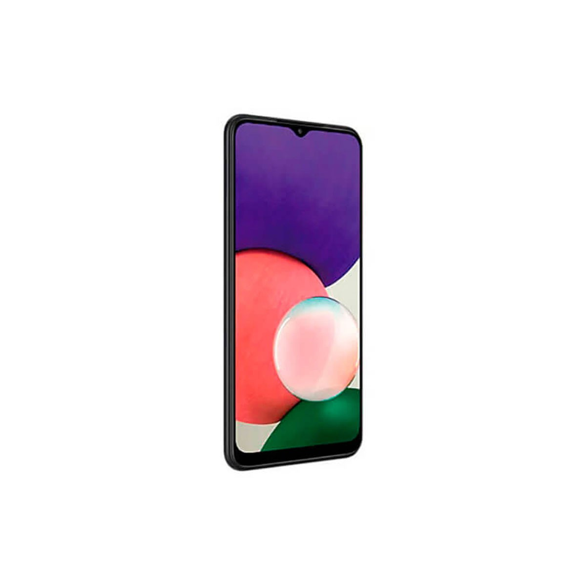 Ein schwarzes Smartphone mit abgerundeten Ecken und einem bunten, abstrakten Hintergrund auf dem Display.