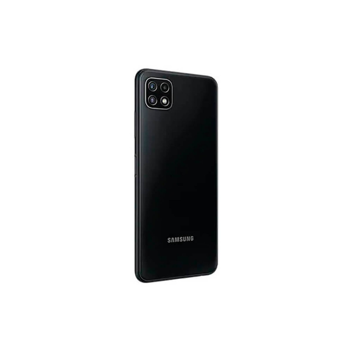 Rückseite eines schwarzen Samsung-Smartphones mit Vierfach-Kamera und Samsung-Logo auf weißem Hintergrund.