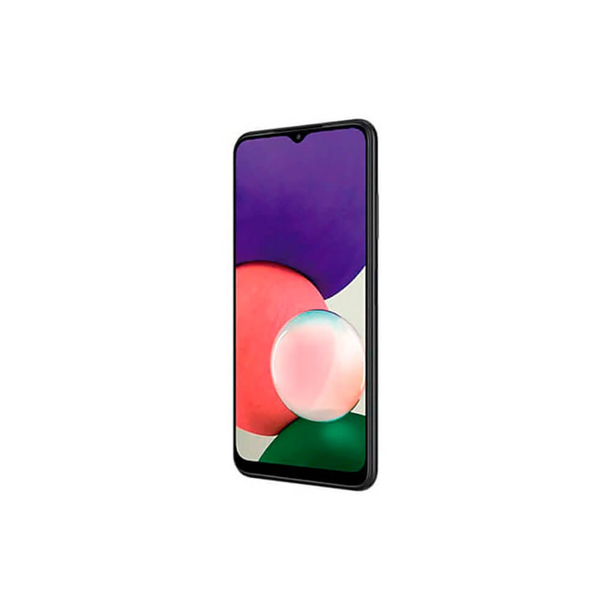 Ein schwarzes Smartphone mit einem bunten abstrakten Hintergrundbild mit lila, roten und grünen Blasen.