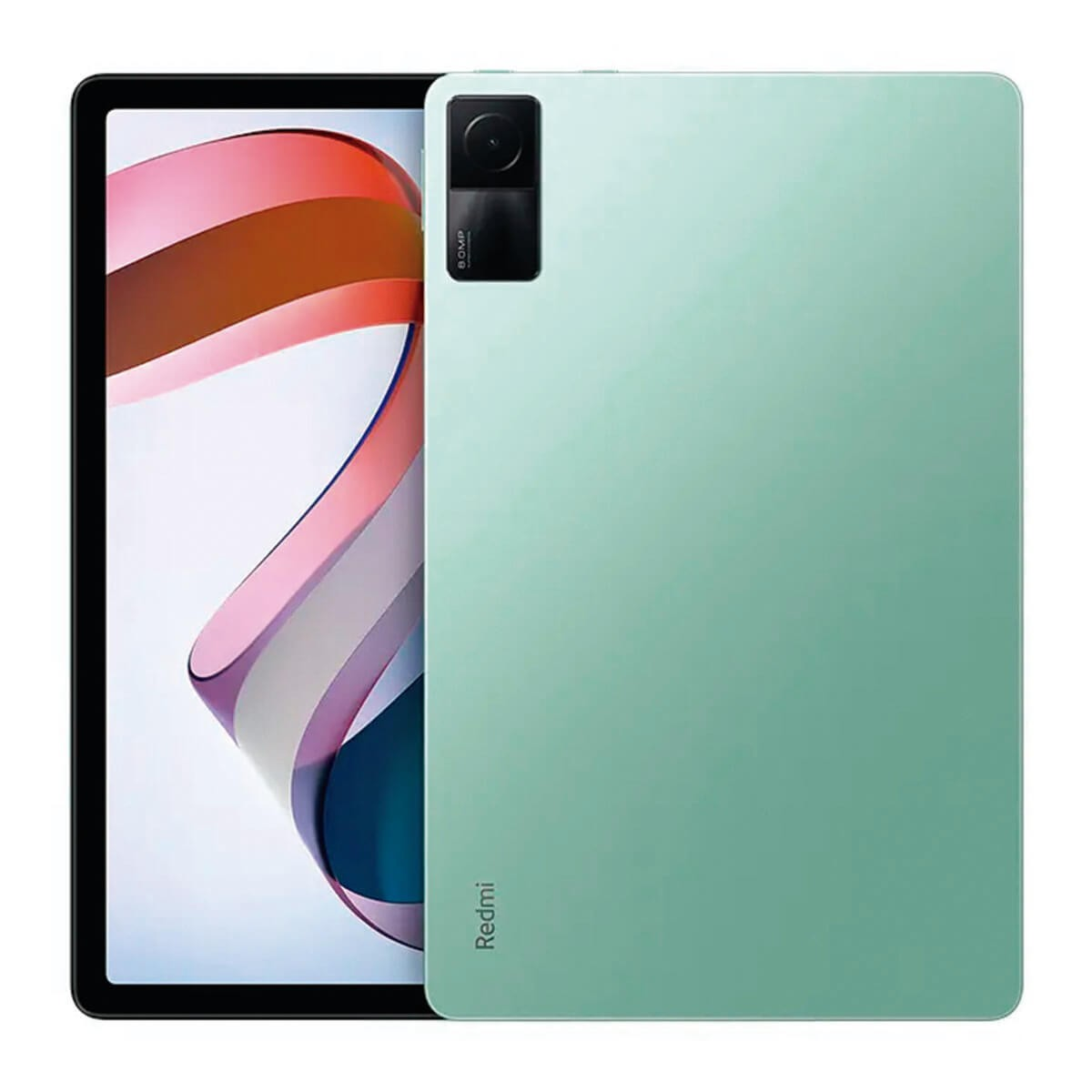 Kamera modüllü ve renkli ekranlı nane yeşili bir Redmi tabletin önü ve arkası.