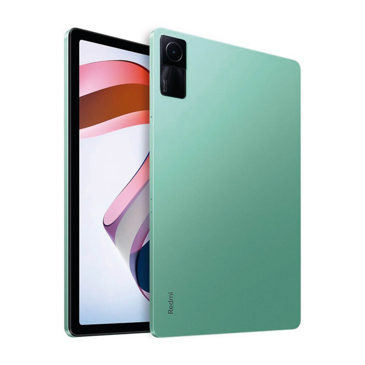 Kamera modülü ve soyut duvar kağıtlı ekranı olan nane yeşili bir Redmi tabletin ön ve arka görünümleri.