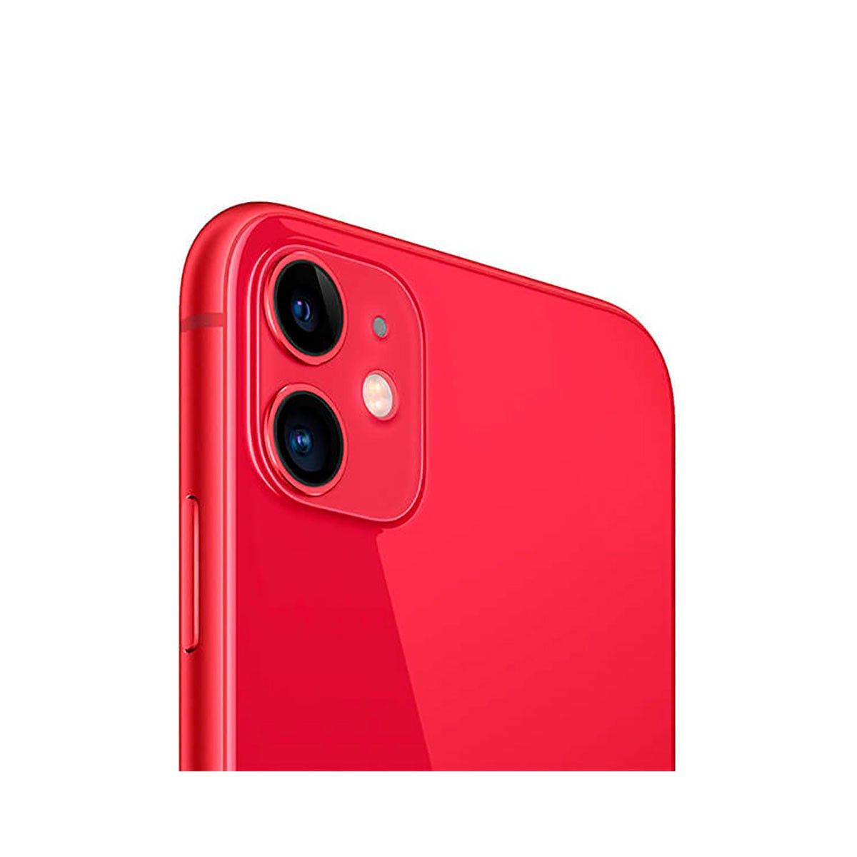 Primo piano del retro di uno smartphone rosso, con doppia fotocamera e flash su sfondo bianco.