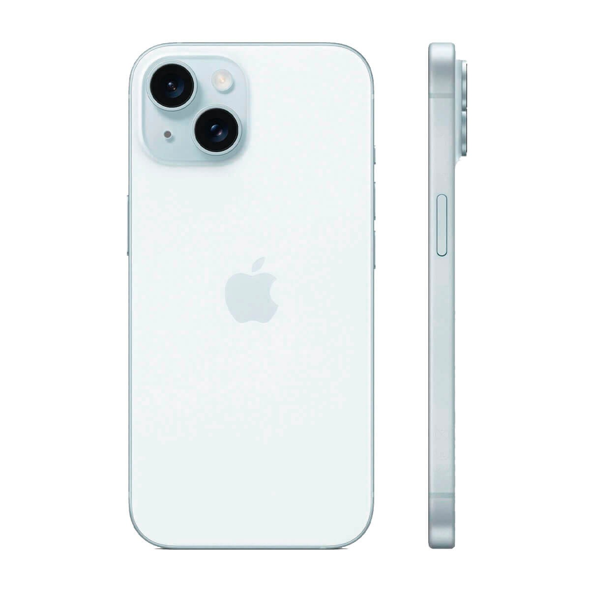 Widok z tyłu i z boku jasnoniebieskiego smartfona z dwoma obiektywami i logo Apple.