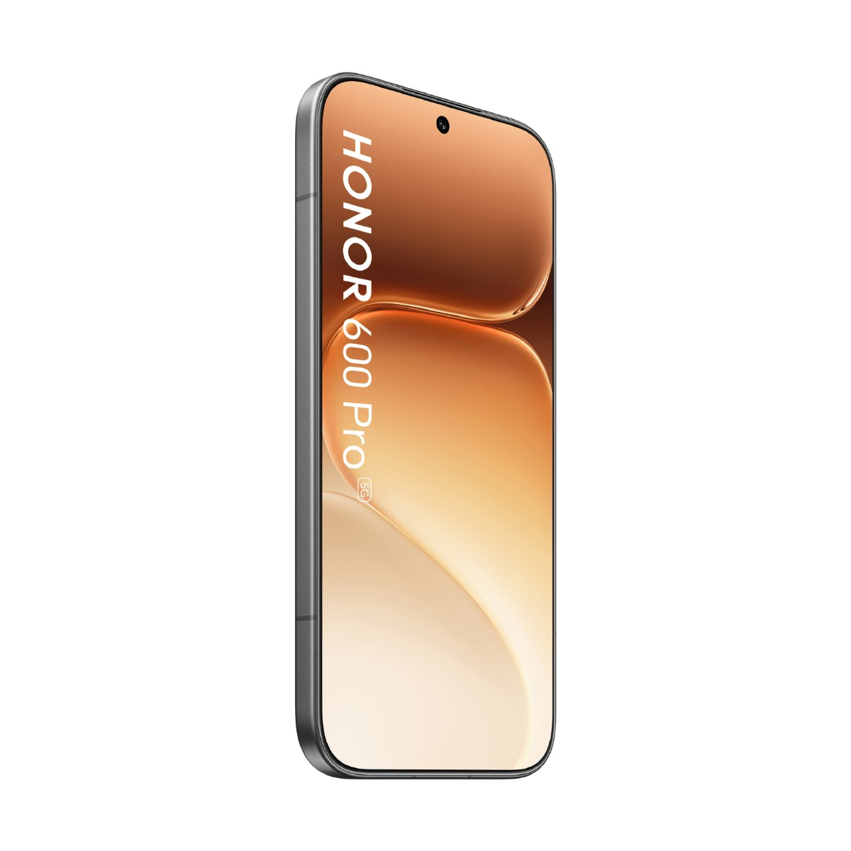 Smartphone Honor 600 Pro 5G con sfondo astratto arancione e cornice grigio scuro su sfondo bianco.