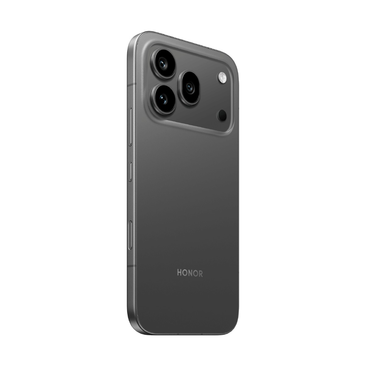 Retro di uno smartphone Honor grigio con tripla fotocamera e logo in basso.