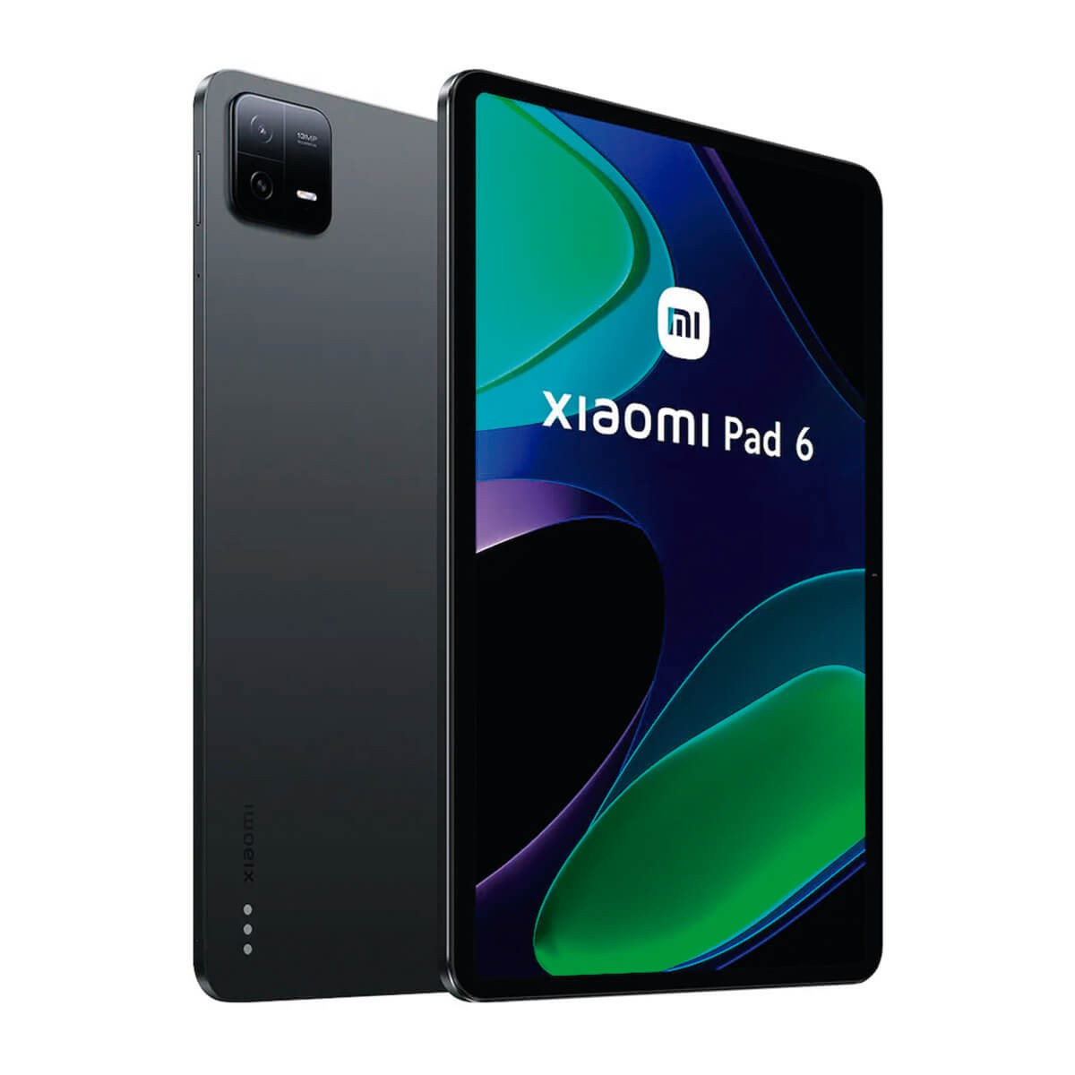 Schwarzes Xiaomi Pad 6, Vorderseite mit bunten Wellen auf dem Bildschirm und Rückseite mit quadratischer Kamera.