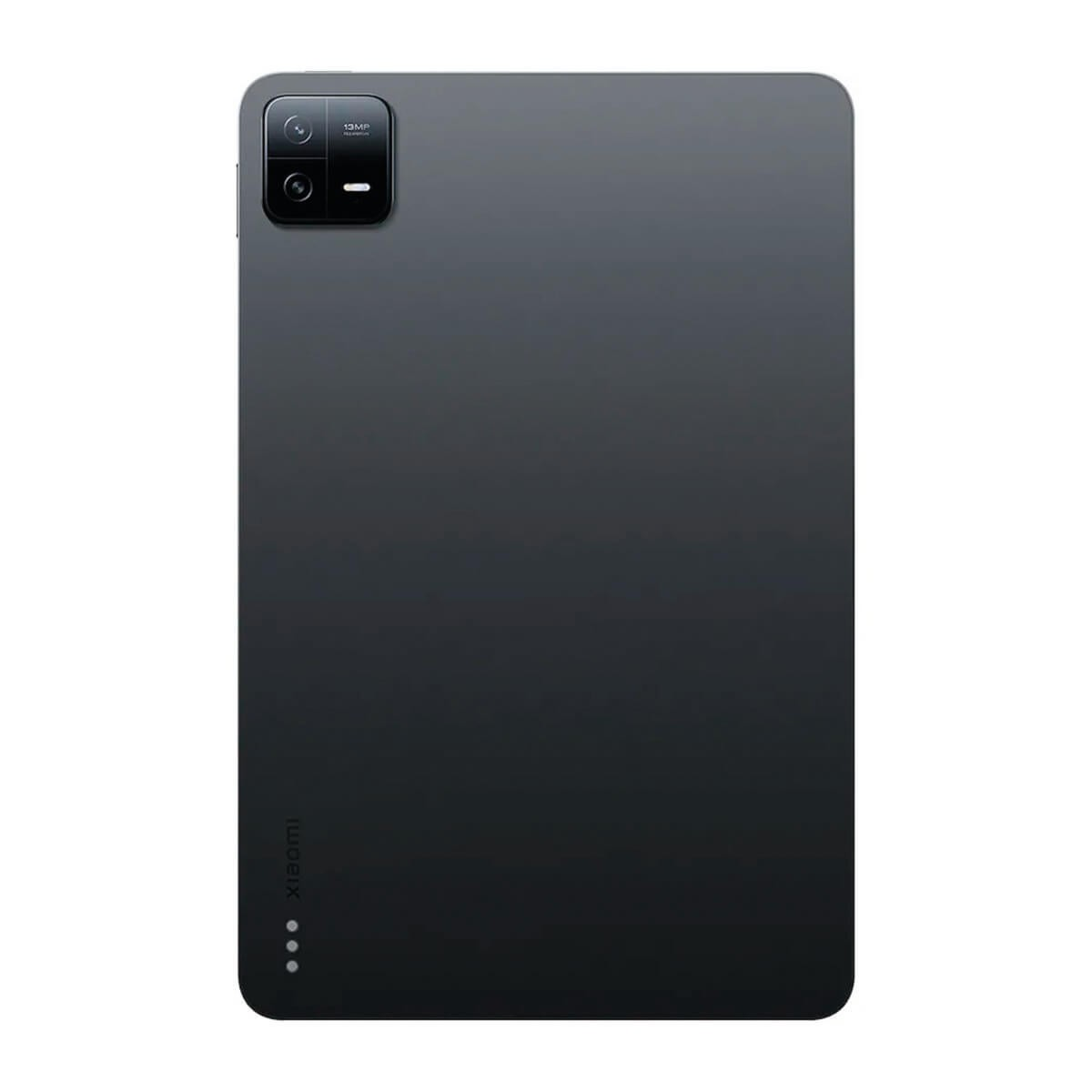 Rückseite eines dunkelgrauen Xiaomi-Tablets mit Dual-Kamera oben links und Logo unten.