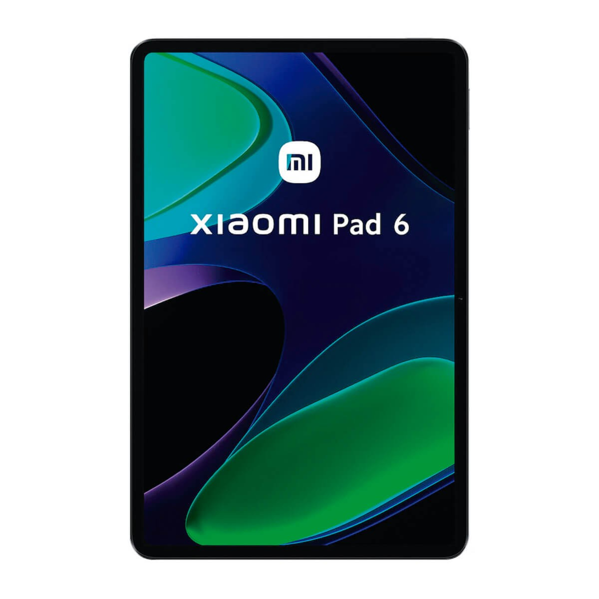Ein schwarzes Xiaomi Pad 6 Tablet zeigt ein abstraktes grün-violettes Hintergrundbild mit dem Xiaomi-Logo.