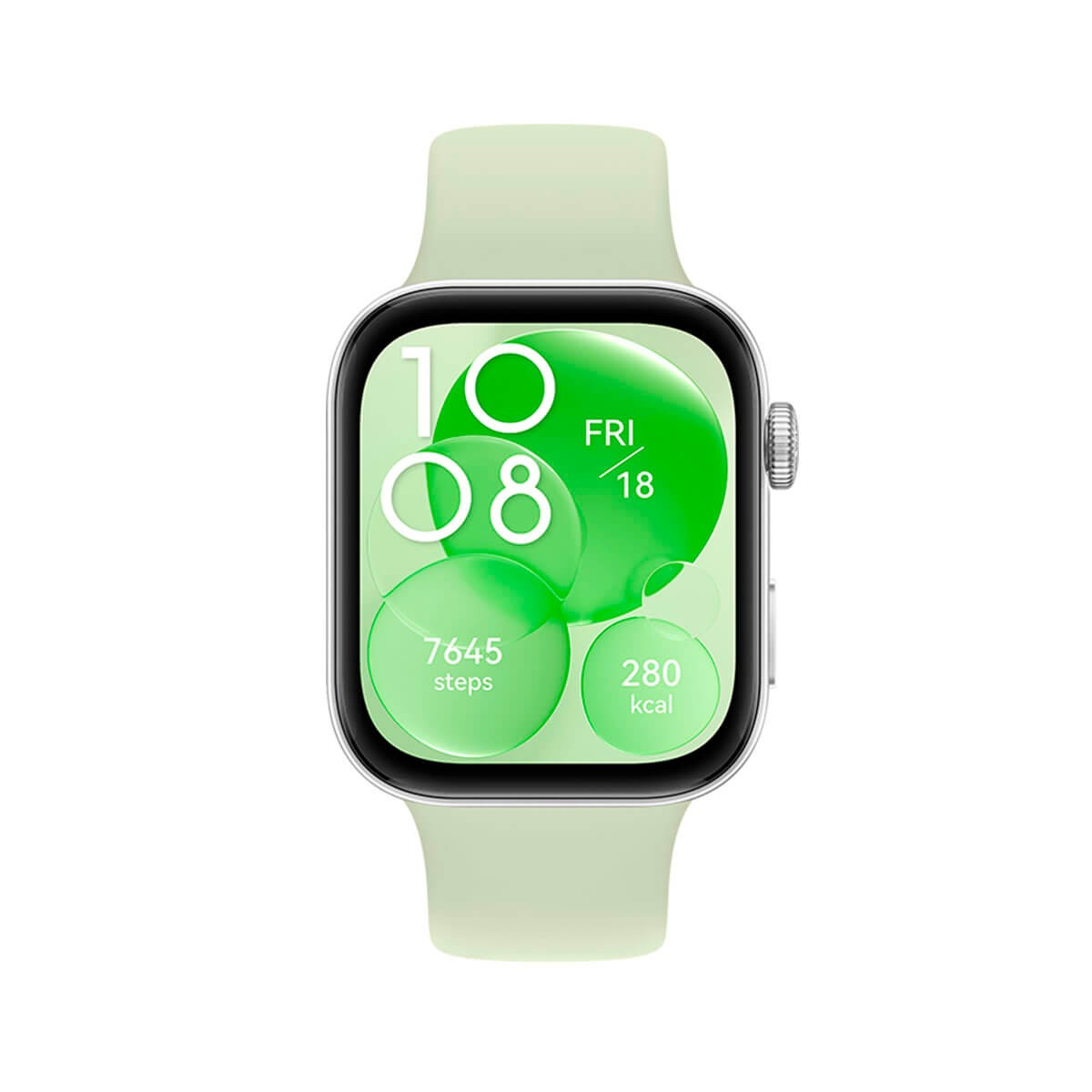 Eine grüne Smartwatch mit Zifferblatt zeigt Zeit, Freitag den 18., 7645 Schritte und 280 kcal an.