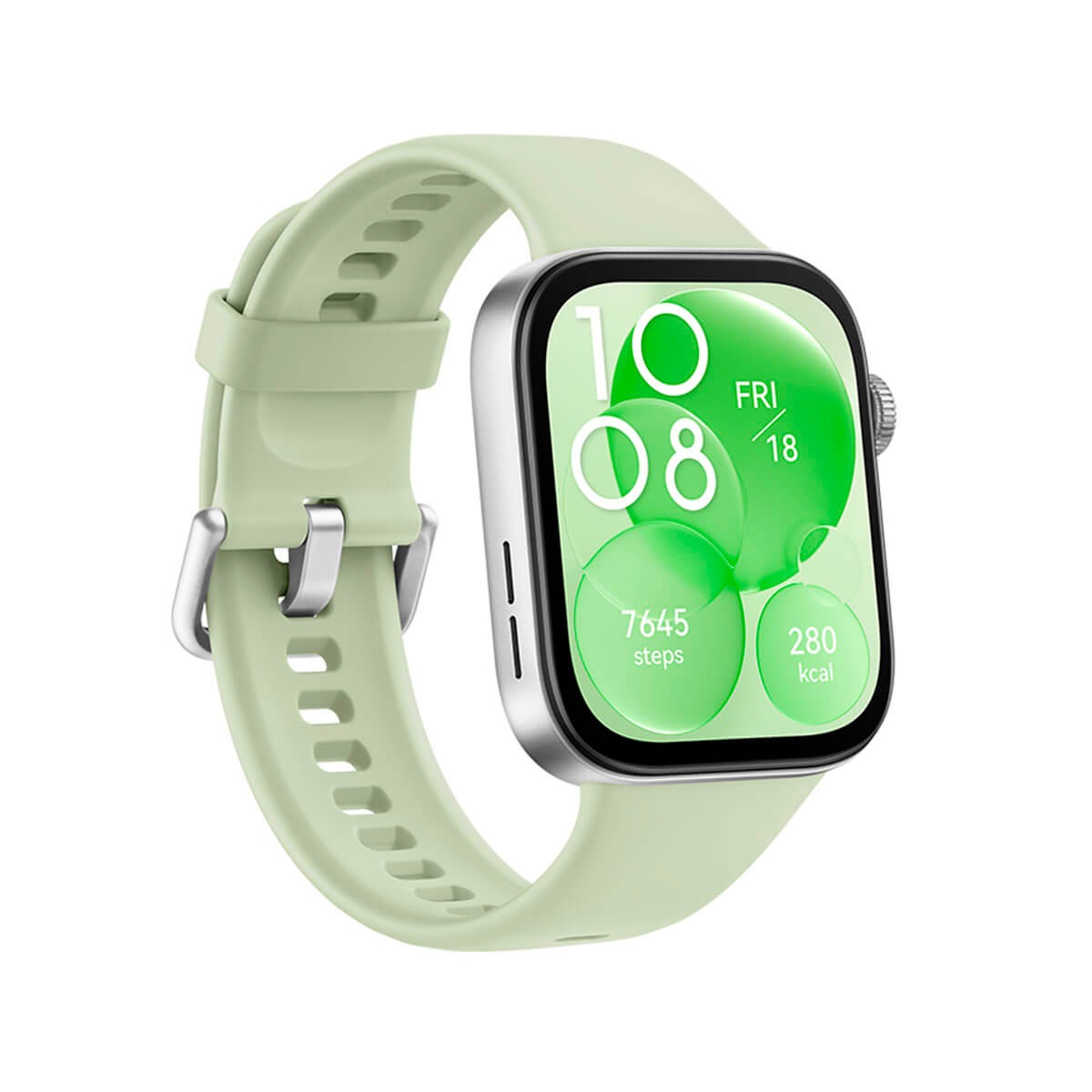 Eine grüne Smartwatch mit quadratischem Gehäuse, digitalem Zifferblatt und mintgrünem Silikonarmband auf weißem Hintergrund.