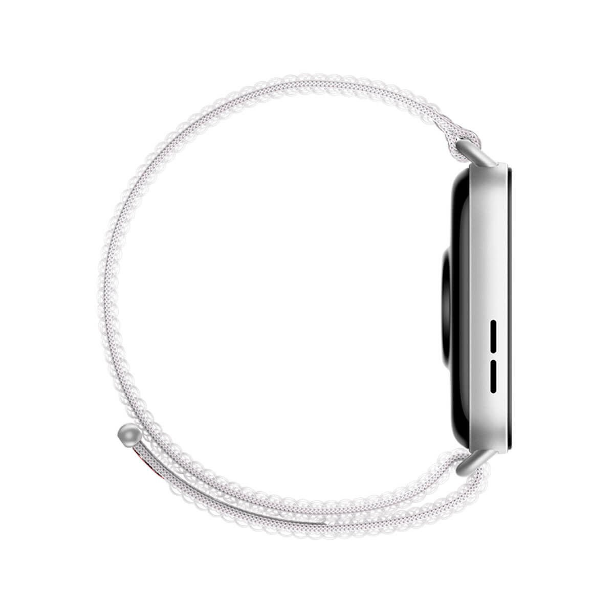 Uno smartwatch argento con cinturino bianco intrecciato è mostrato di lato su sfondo bianco.