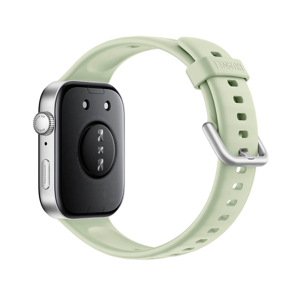 Rückseite einer silbernen Smartwatch mit hellgrünem Silikonarmband und Sensoren vor weißem Hintergrund.