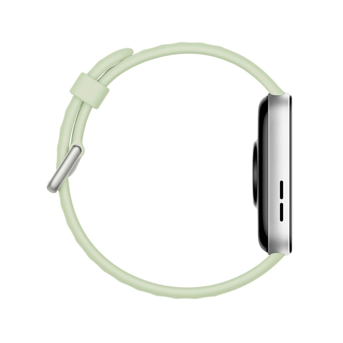 Seitenansicht einer Smartwatch mit grünem Silikonarmband und silbernem Gehäuse auf weißem Hintergrund.