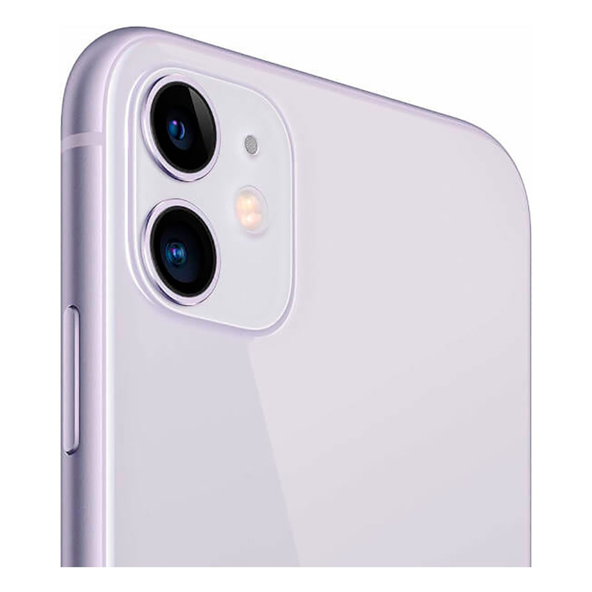 Primer plano de la parte trasera de un smartphone violeta claro con un módulo de doble cámara y un botón lateral.