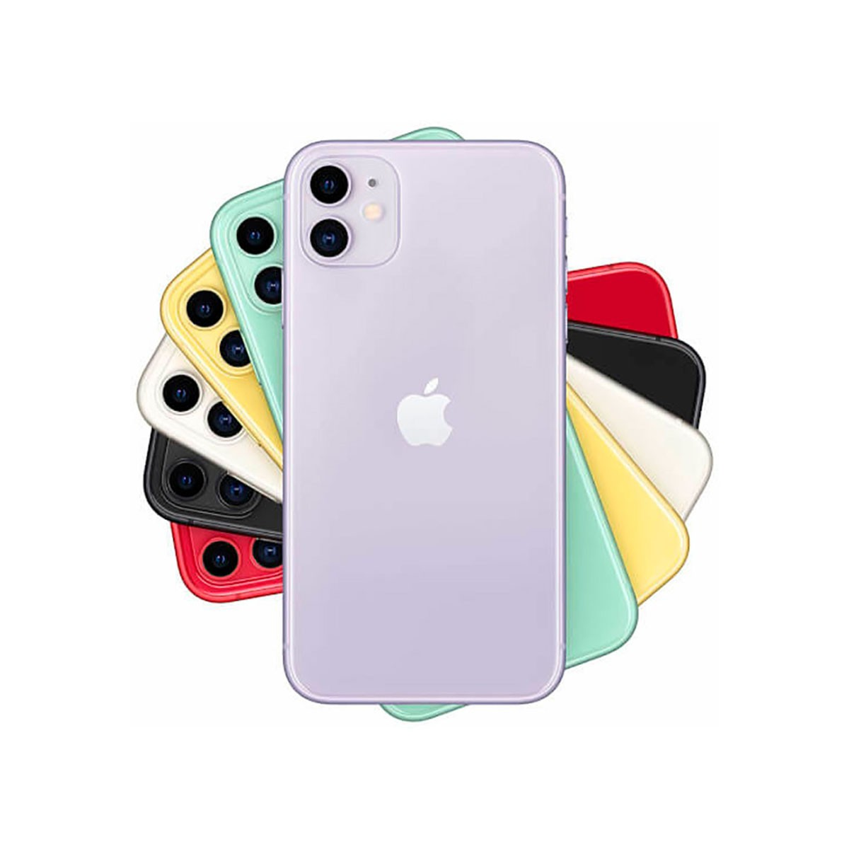 Varios iPhones coloridos dispuestos en abanico sobre un fondo blanco, con un teléfono morado encima.