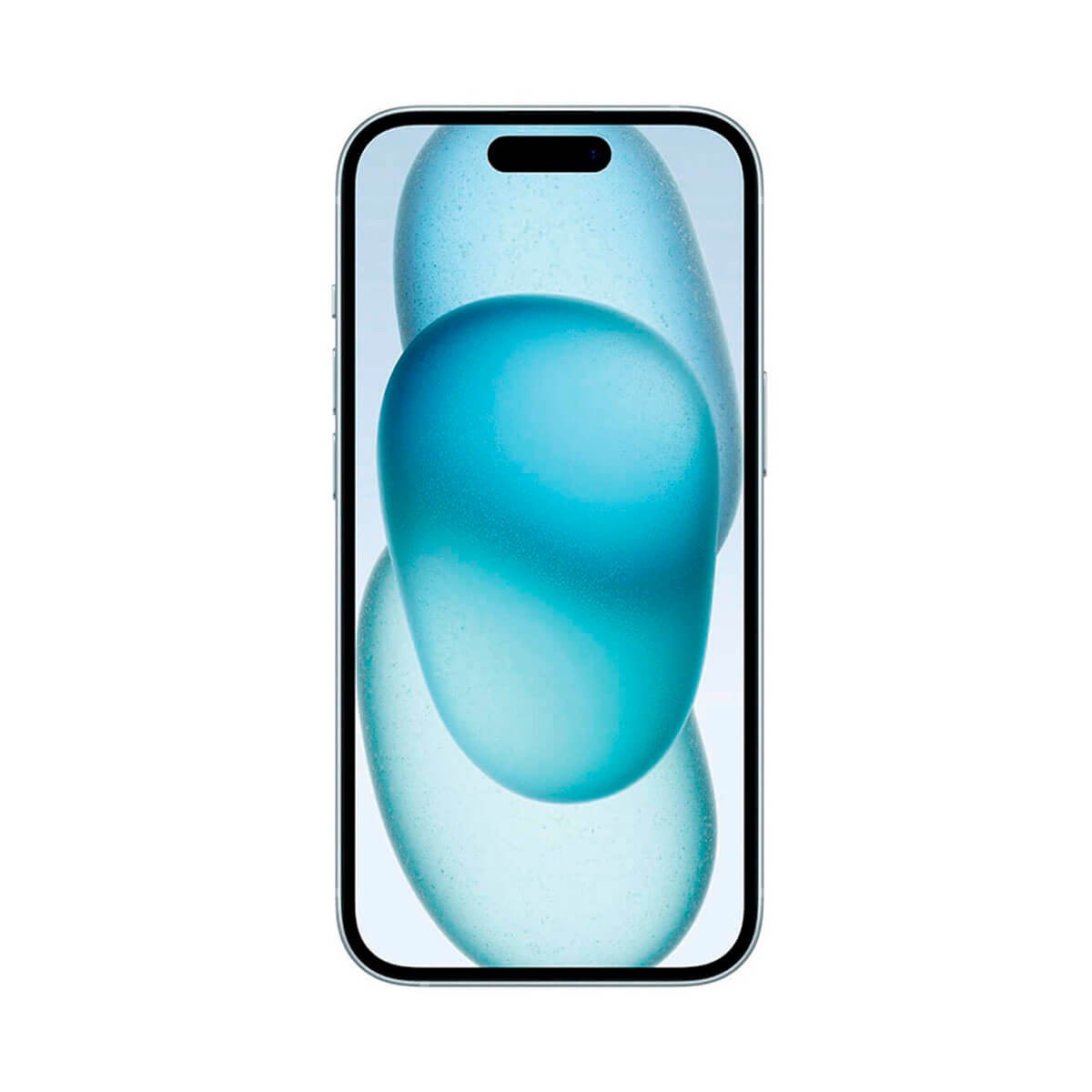 Smartfon z niebieską, szklaną tapetą na ekranie na białym tle.