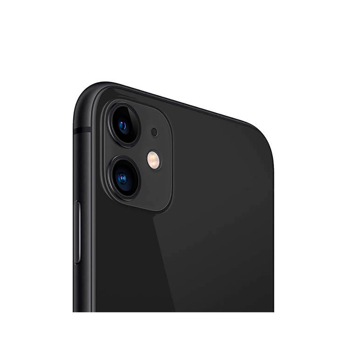 Achterkant van een zwarte smartphone met een vierkante dubbele cameramodule en flitser.