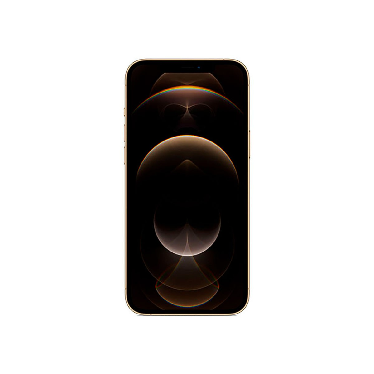 Uno smartphone dorato con schermo nero e motivo circolare astratto su sfondo bianco.