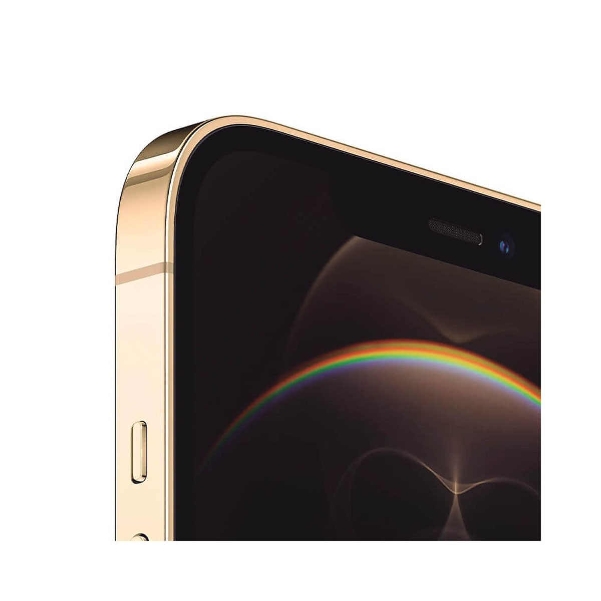 Primo piano dell'angolo superiore sinistro di uno smartphone dorato con schermo nero e arco colorato.